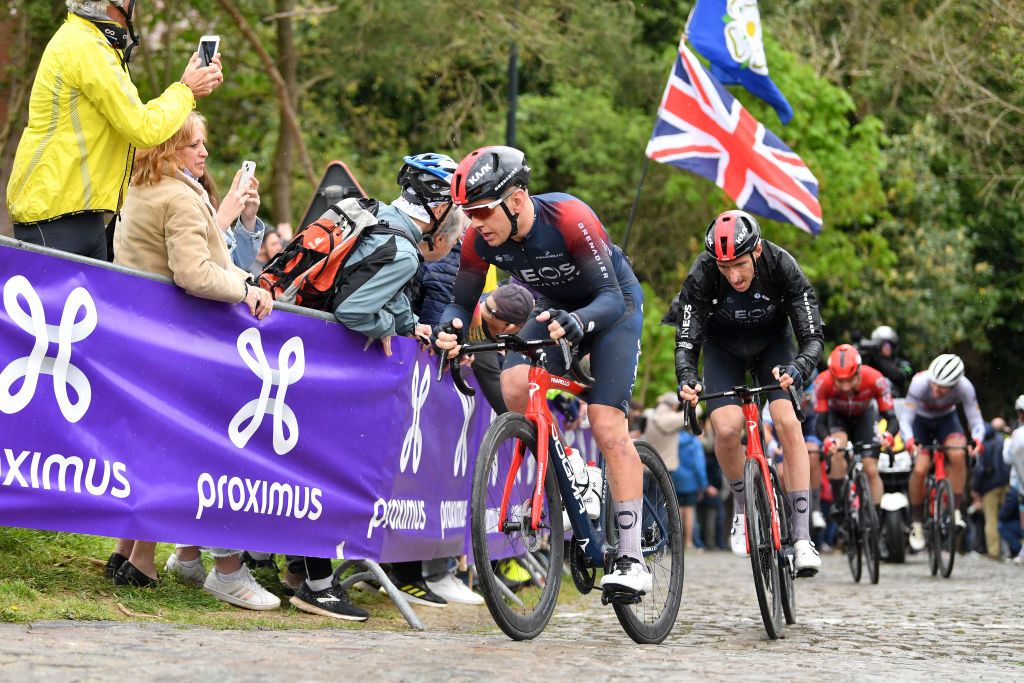 OVERIJSE BELGIUM APRIL 13 LR Magnus Sheffield of United States and Ben Turner of United Kingdom and Team INEOS Grenadiers compete at Moskesstraat cobblestones sector during the 62nd De Brabantse Pijl La Flche Brabanonne 2022 Mens Elite a 2051km one day race from Leuven to Overijse BP22 on April 13 2022 in Overijse Belgium Photo by Luc ClaessenGetty Images