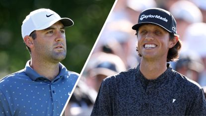 (Left) Scottie Scheffler looks on at the CJ Cup Byron Nelson while Grant Horvat smiles at the PGA Tour's Creator Classic 2025 (right)