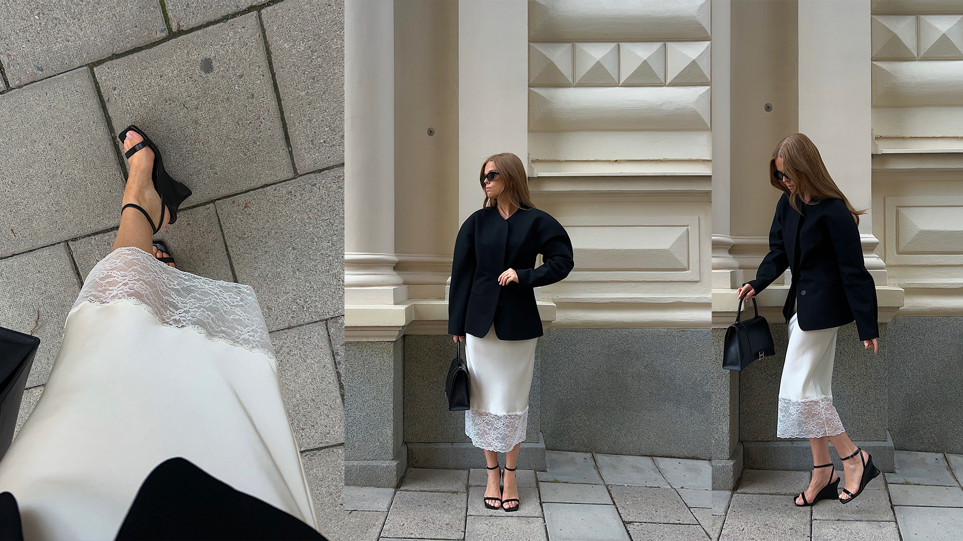 hana wears white slip skirt with lace and cinched blazer and black heels