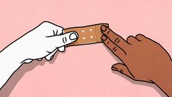 A cartoon shows two hands holding a bandaid in front of a pink background