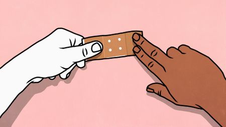 A cartoon shows two hands holding a bandaid in front of a pink background