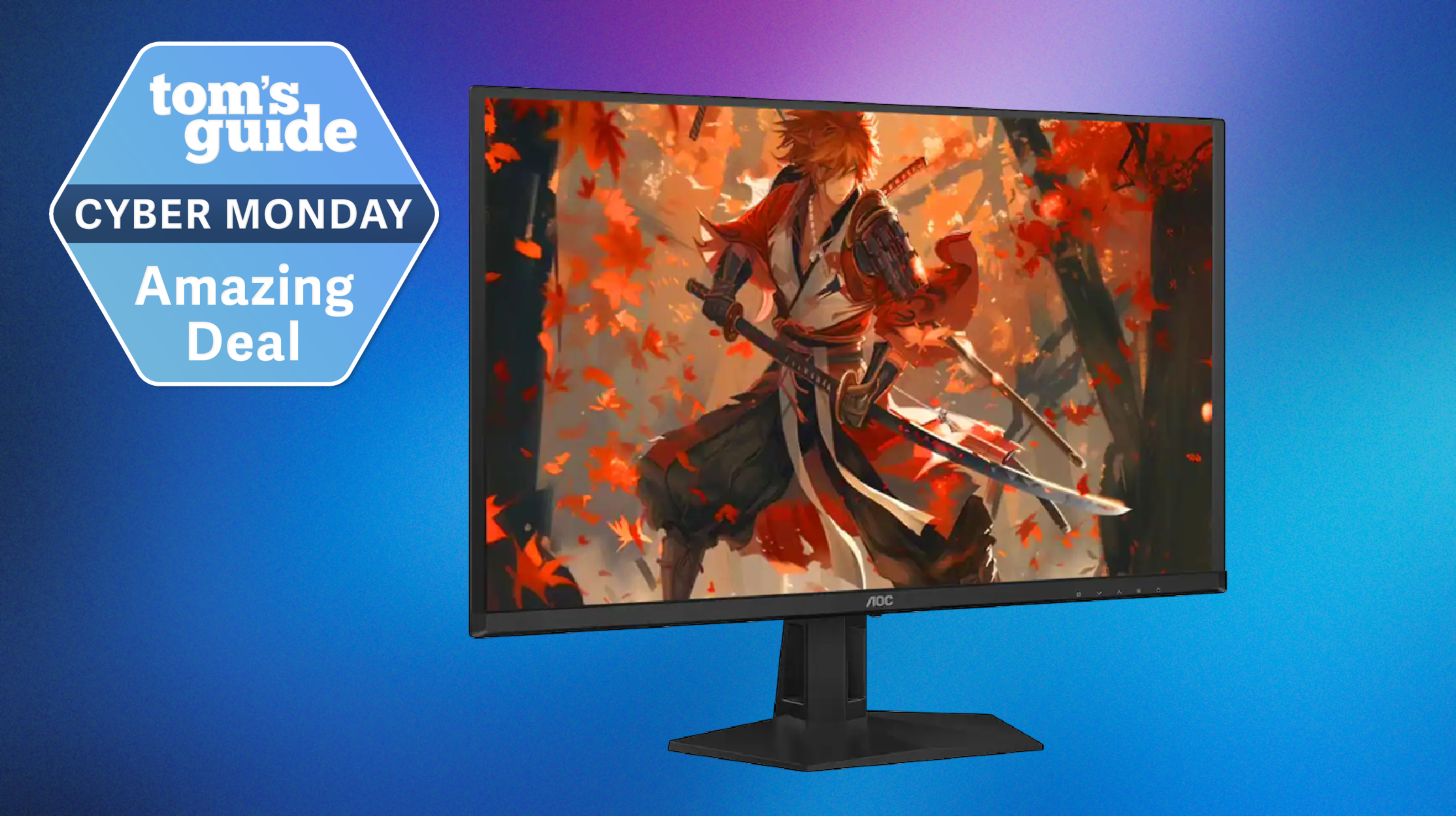 AOC Q27G41ZDF QD-OLED on colored background with Tom's Guide Cyber monday Amazing Deal badge