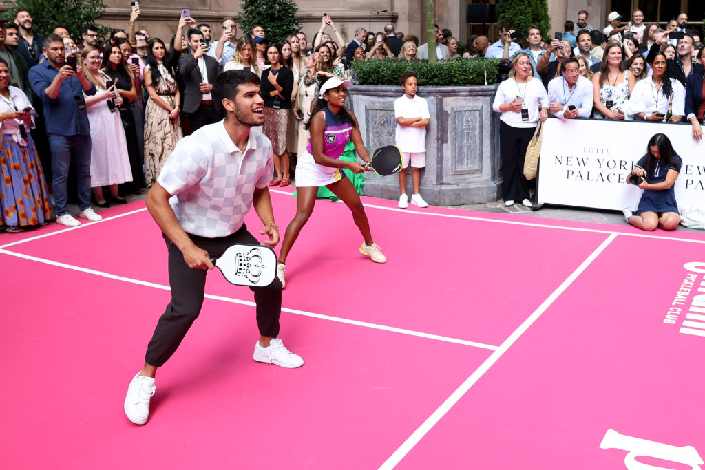 Carlos Alcaraz and Milan Rane play pickleball during the 2024 Palace Invitational hosted by Lotte New York Palace at Lotte New York Palace.