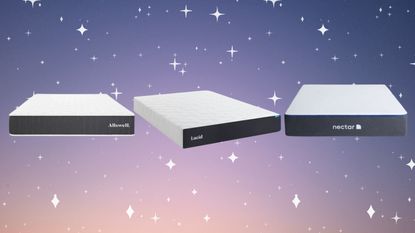 3 cheap mattresses from Nectar, Allswell and Lucid on pink and purple background with sparkles