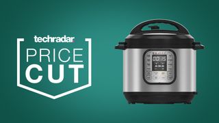 Instant Pot Duo on a green background next to techradar deals price cut badge