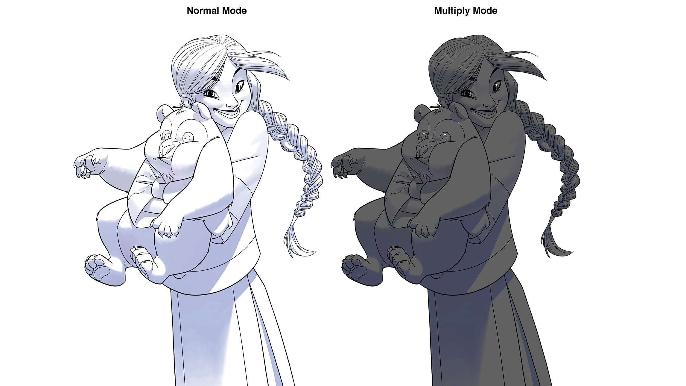 Girl with panda in white, next to girl with panda in grey