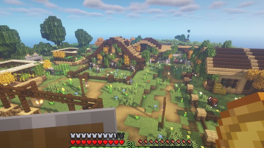 A view over a peaceful looking Minecraft farm, boasting fields of crops.