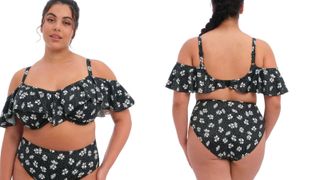 model showing front and back of bandeau bikini with daisy print on black base