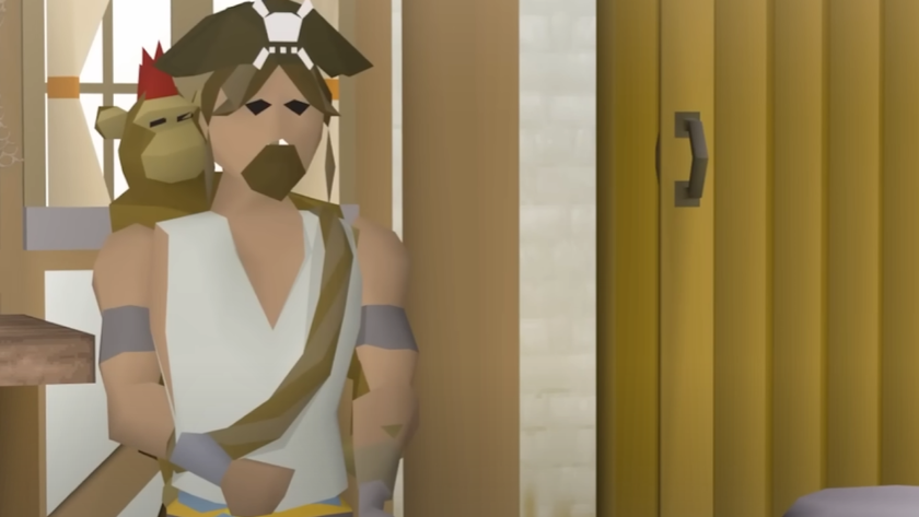 A pirate from Old School Runescape looks despondently out the window.