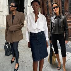 Collage of influencers wearing black and brown outfits, standing around Parisian streets for outfit photos.