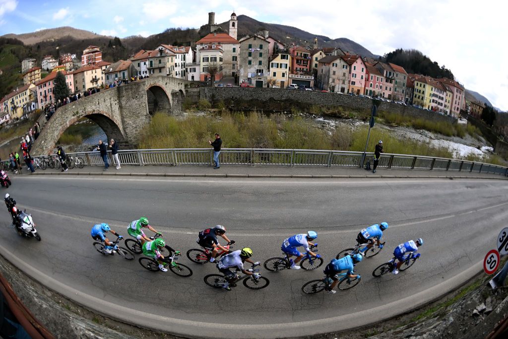 SANREMO ITALY MARCH 18 A general view of the Alexandr Riabushenko of Belarus and Astana Qazaqstan Team Mirco Maestri of Italy Samuele Rivi of Italy and EOLOKometa Cycling Team Alessandro Tonelli of Italy Samuele Zoccarato of Italy and Team Green ProjectBardiani CSFFaizane Haylu Abreha Negasi of Eritrea and Q365 Pro Cycling Team Alexandre Balmer of Switzerland Jan Maas of The Netherlands and Team Jayco AlUla and Alois Charrin of France and Tudor Pro Cycling Team compete in the breakaway passing through a Campo Ligure village during the 114th MilanoSanremo 2023 a 294km one day race from Abbiategrasso to Sanremo MilanoSanremo UCIWT on March 18 2023 in Sanremo Italy Photo by Tim de WaeleGetty Images