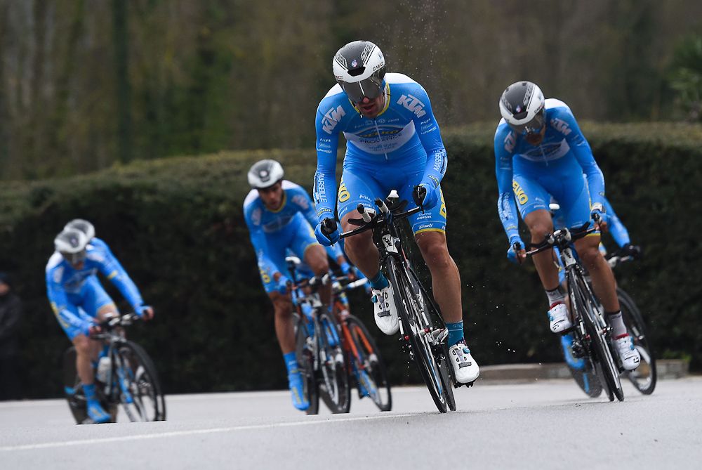 Team Delko Marseille Provence TKM ride during the Team Time Trial on day one of the tour of 'La Mediterraneenne'
