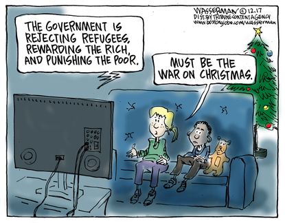 Political cartoon U.S. War on Christmas refugees tax cuts wealthy