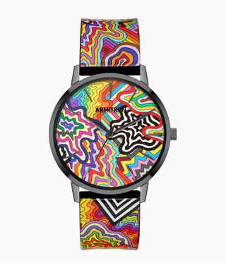 Brightly coloured watch on a white background.