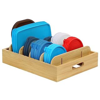 Winter Shore Bamboo Lid Organiser for Plastic Lids - Kitchen Drawer Organisers and Storage for Pot & Pan Covers, Food Containers - 5 Adjustable Dividers, Carved Handles - Home Organisation Must Haves