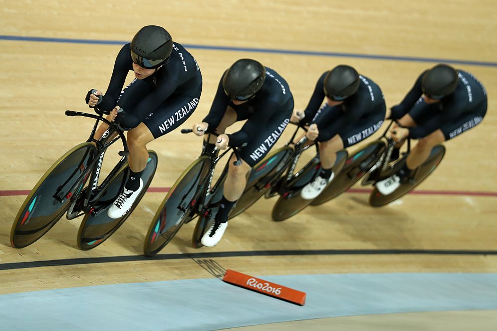GLauren Ellis, Racquel Sheath, Rushlee Buchanan and Jaime Nielsen of New Zealand compete in the Women's Team Pursuit Track Cycling Qualifying on Day 6 of the 2016 Rio Olympics