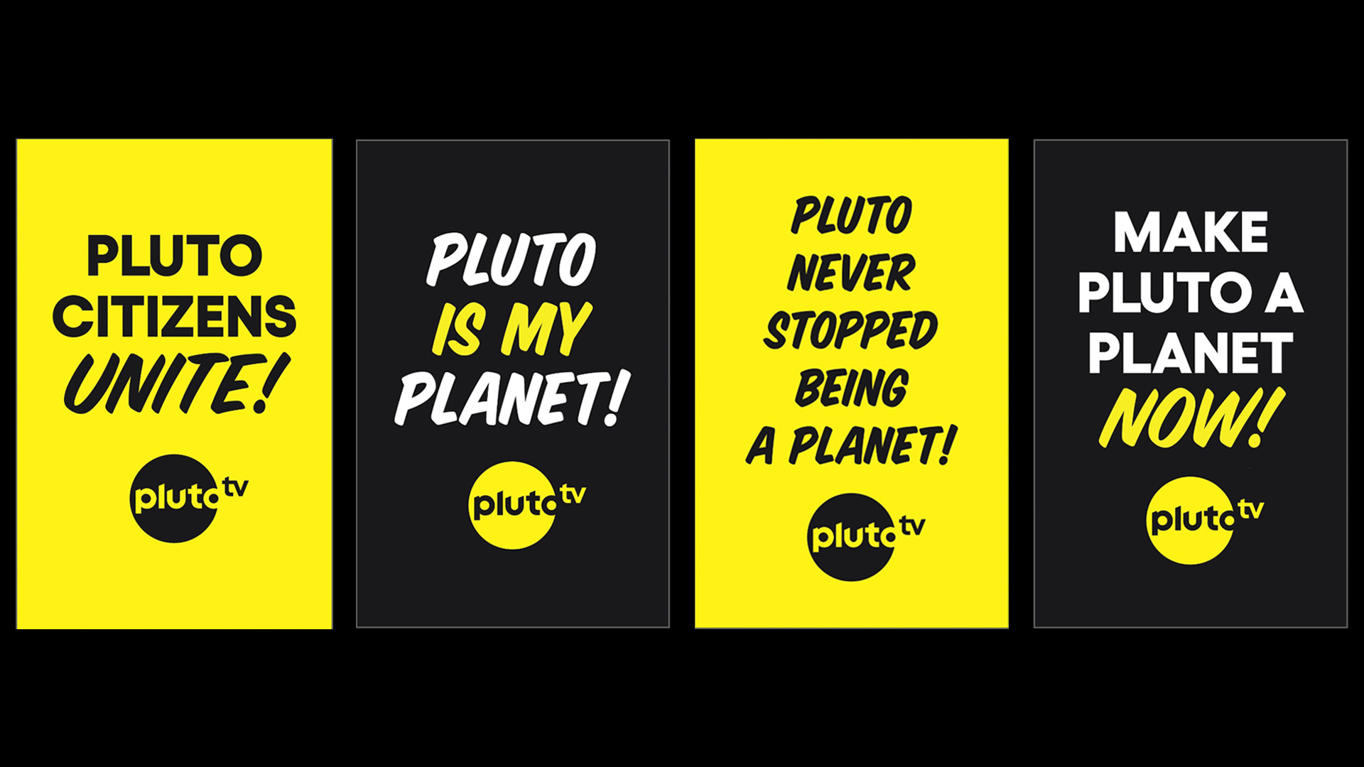 Pluto planet picket signs from Pluto TV.