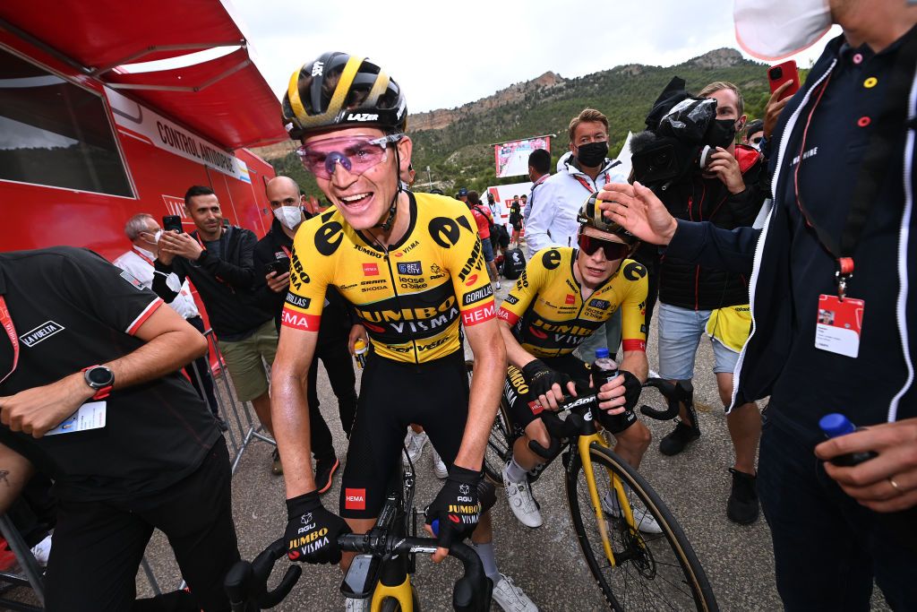 A happy Sepp Kuss (Jumbo-Visma) after finishing the stage and learning that is the new GC leader