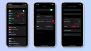 The first screenshot shows the iPhone Settings with a red arrow pointing at Bluetooth. The second screenshot shows the Bluetooth Settings with a red arrow pointing at the i icon beside the AirPods. The third screenshot shows the AirPods settings, with a red arrow pointing at the Version. 