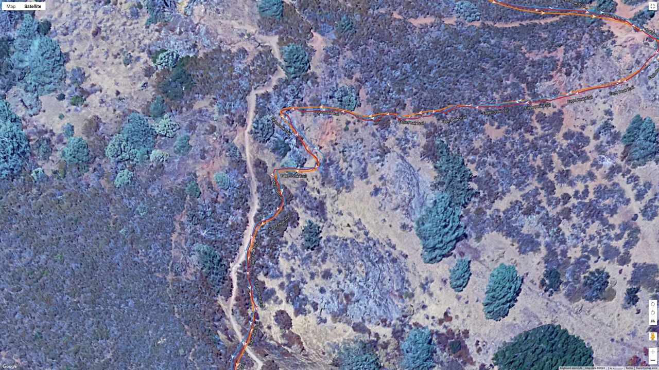 A GPS map of a hike from the COROS VERTIX 2S (orange line), Garmin Forerunner 965 (blue line), and Polar Vantage V3 (brown line).
