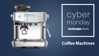 The Sage Brista Pro espresso machine on a blue backgrounfd next to the wording TechRadar Cyber Monday coffee machine deals