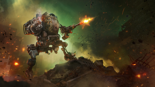 A Hawken mech fires both guns off screen while standing atop a pile of rubble.