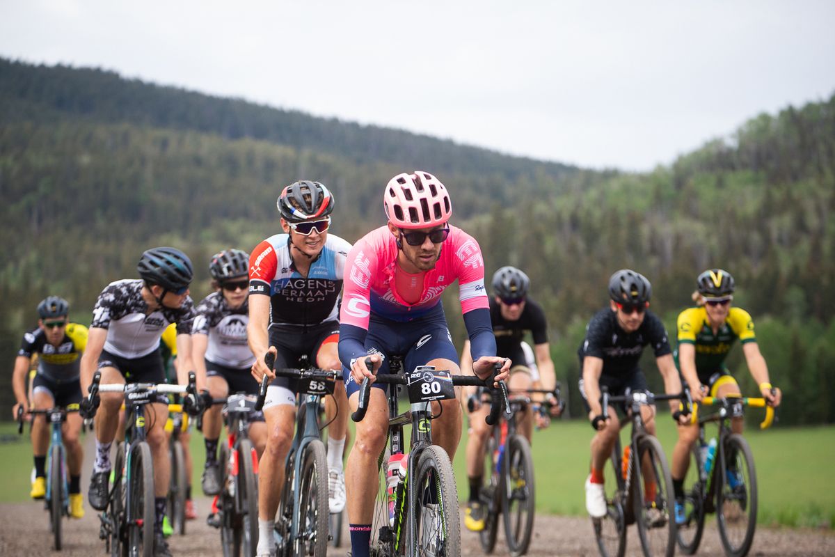 Alex Howes leads the chase group through the meadow towards Col d' Crush