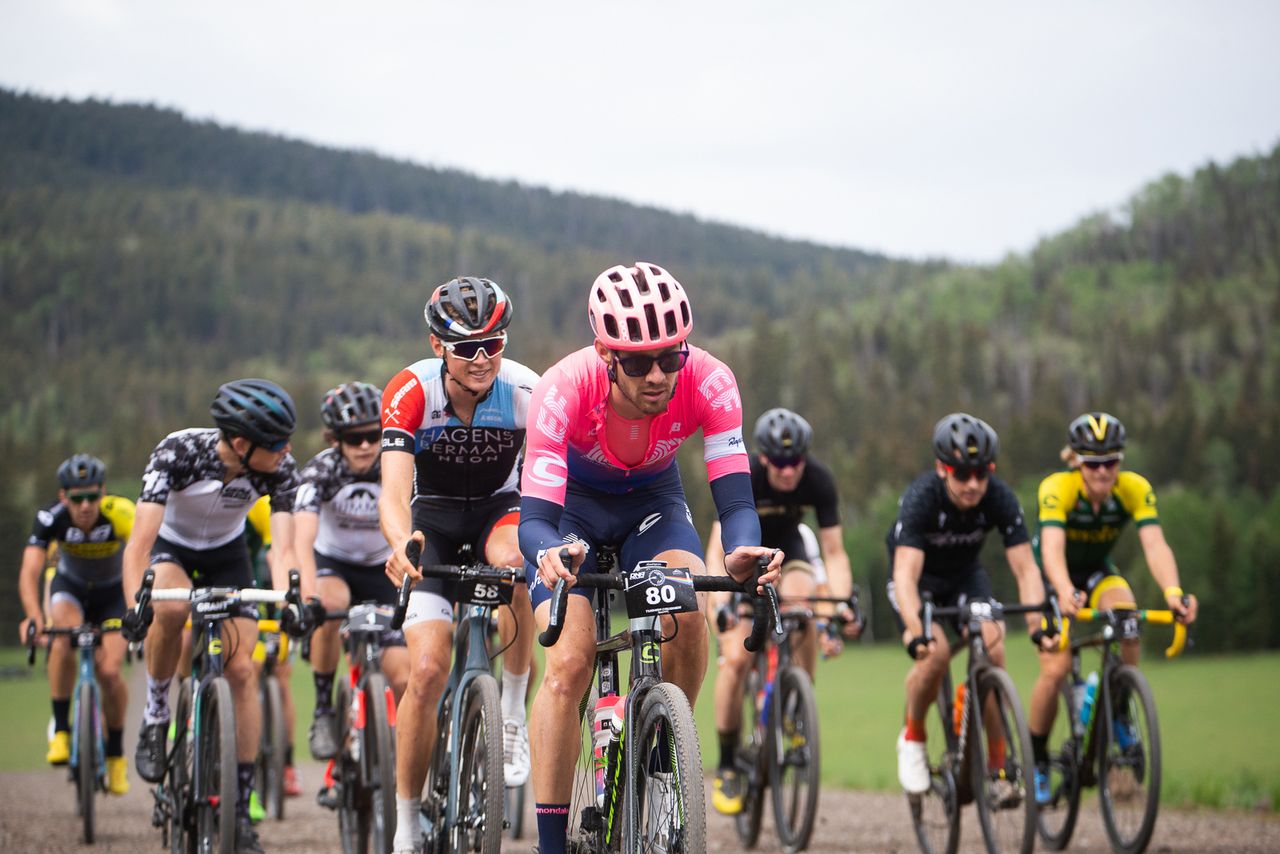 Alex Howes leads the chase group through the meadow towards Col d' Crush