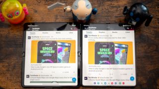 Samsung Galaxy Z Fold 4 and Google Pixel Fold showing differences between apps on each phone including Twitter and Chrome browser