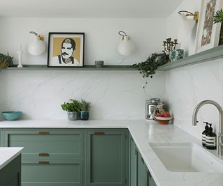 green kitchen with open shelving