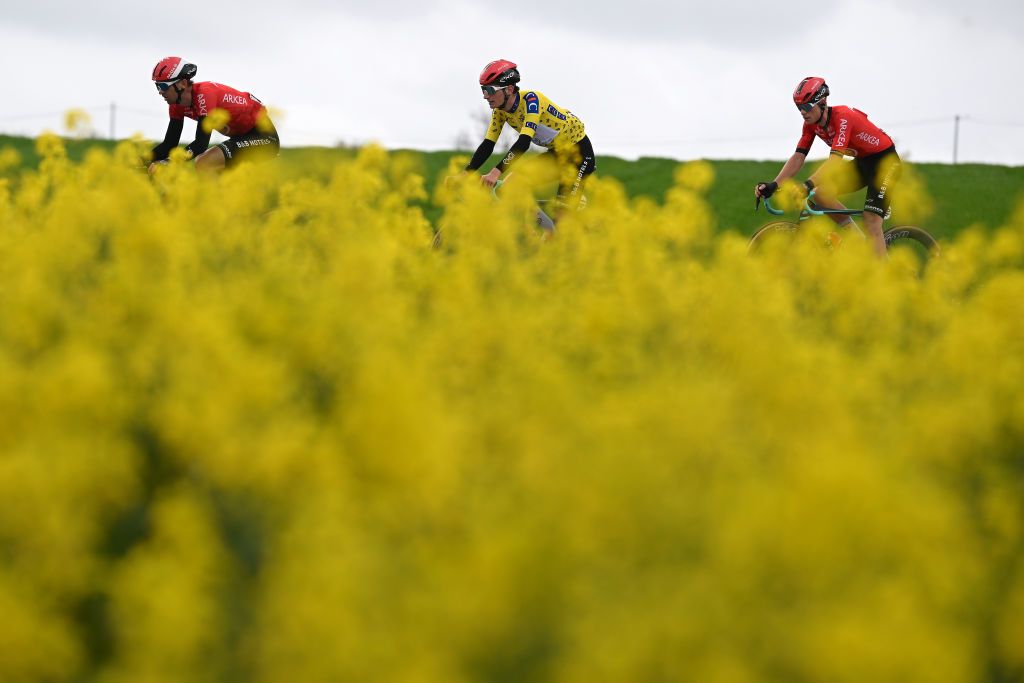CHATEAUGONTIER FRANCE APRIL 04 LR Kevin Ledanois of France Ewen Costiou of France Yellow Leader Jersey and Mathis Le Berre of France and Team Arkea BB Hotels compete during the 70th Region Pays de la Loire Tour 2024 Stage 3 a 1598km stage from Segre en Anjou Bleu to ChateauGontier on April 04 2024 in ChateauGontier France Photo by Dario BelingheriGetty Images
