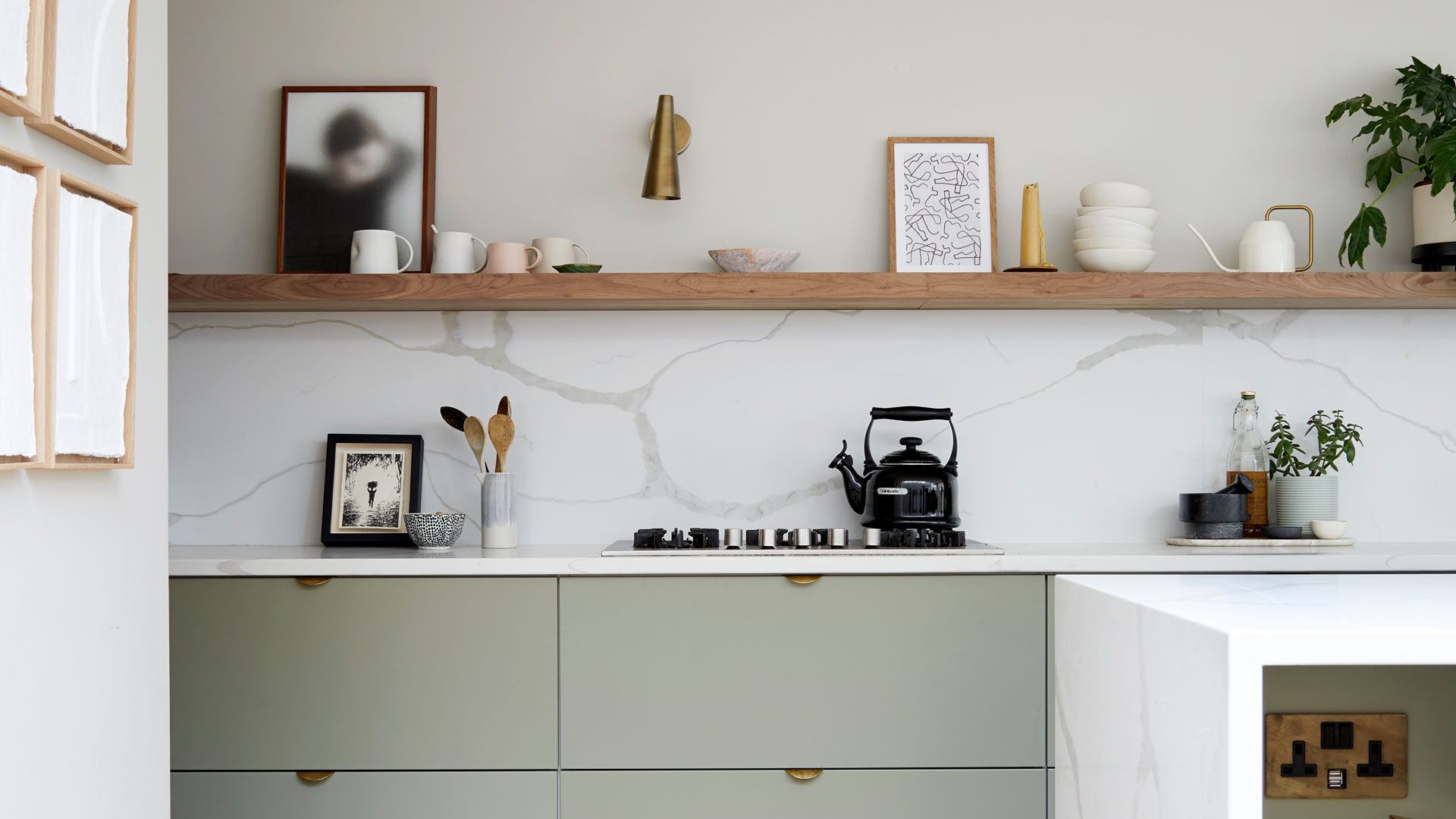 organizing kitchen countertops to keep contemporary sage green kitchen clear of clutter