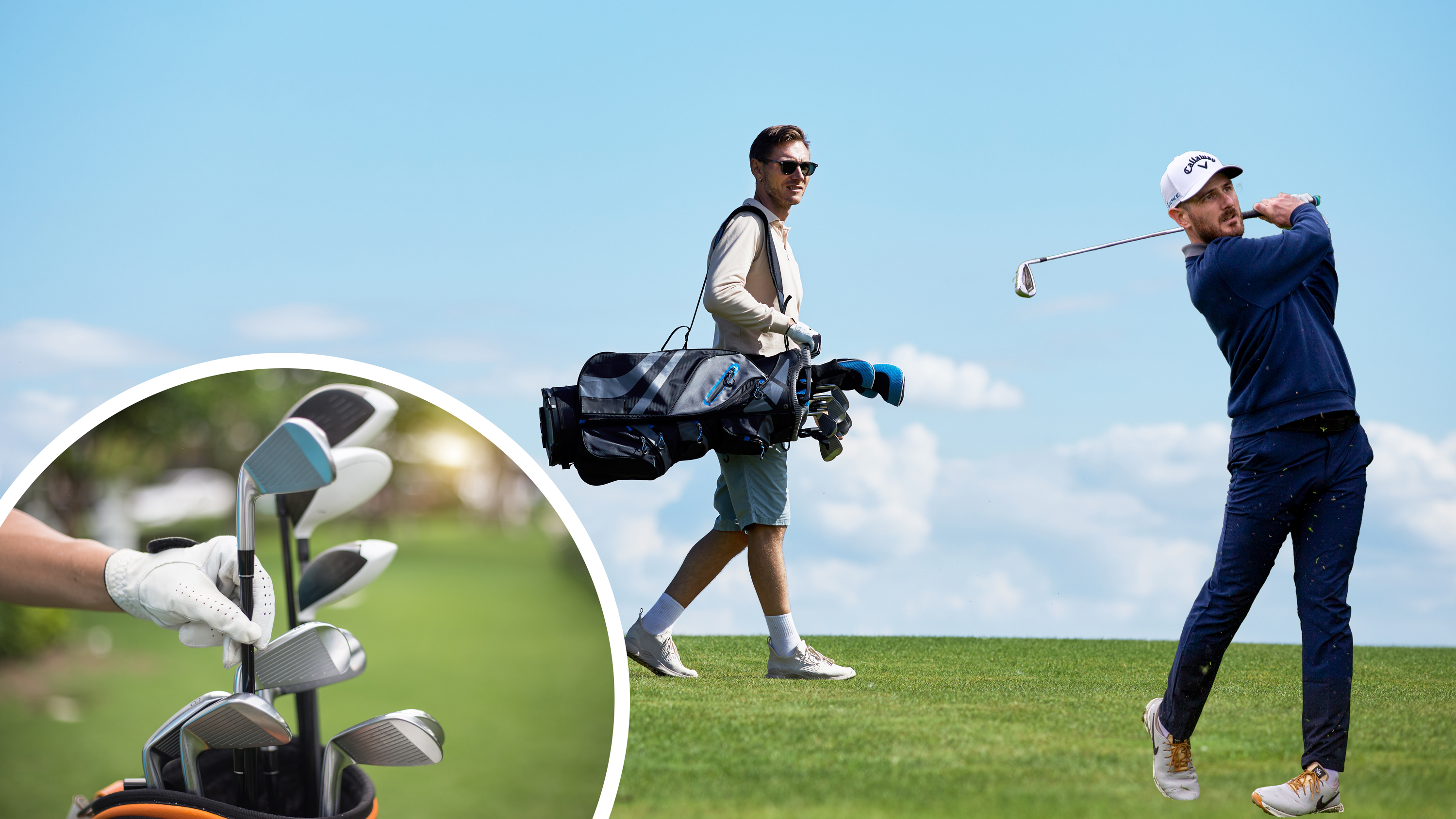 Barry Plummer hitting an iron shot from the fairway, watched by a playing partner carrying a golf bag, with an inset image of a golfers gloved hand selecting a club to use