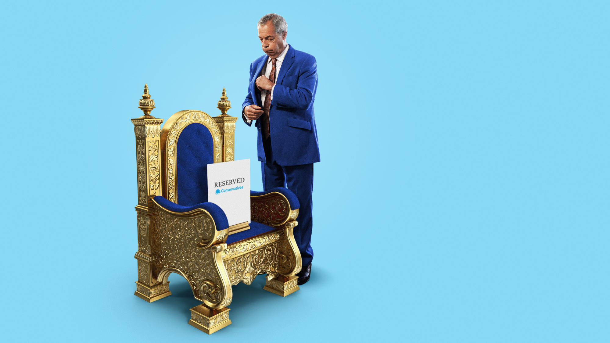 Photo collage illustration of Nigel Farage flabbergasted at a throne reserved for Conservatives