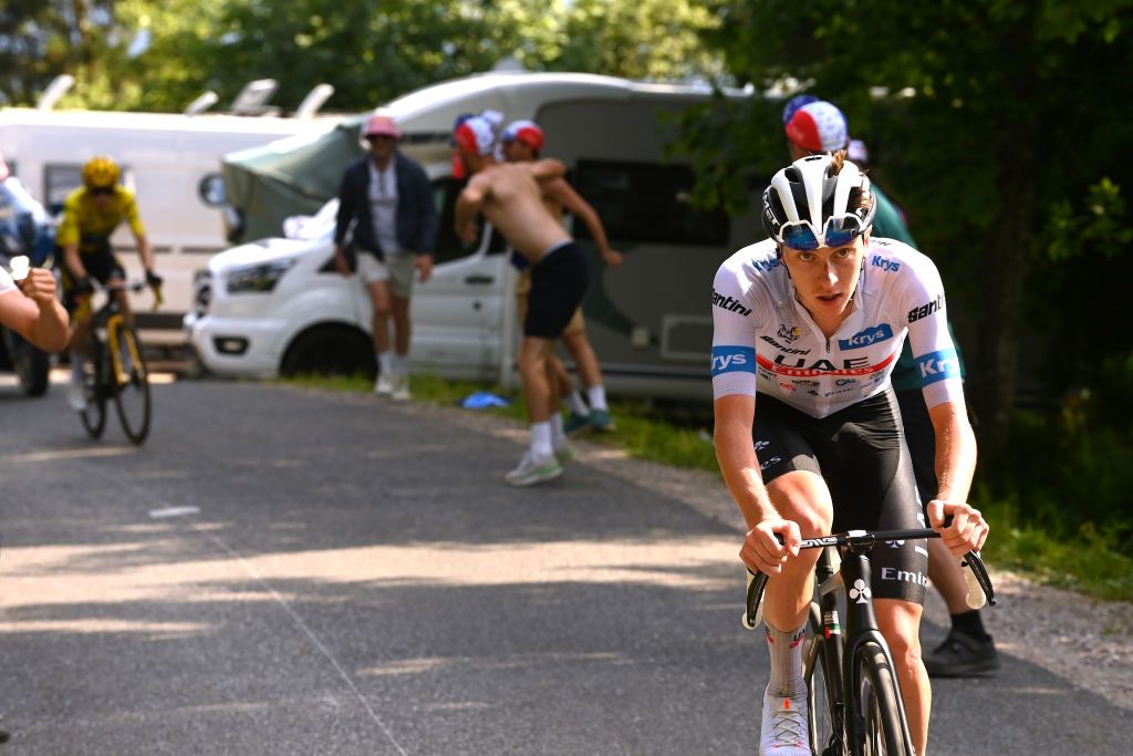 Tadej Pogacar (UAE Team Emirates) attacks on the final climb of Col de la Joux Plane