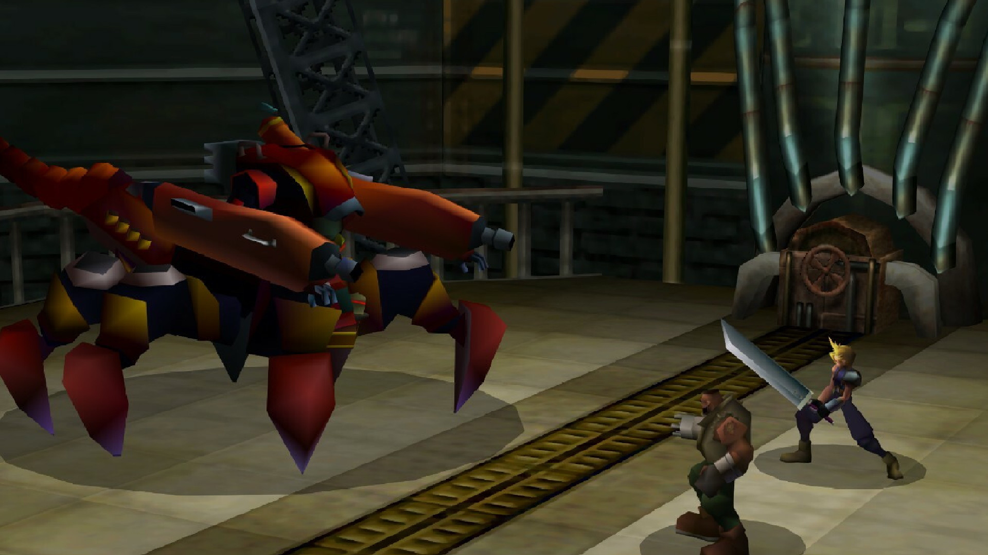 Cloud and Barrett square off against a mechanical monster in the original Final Fantasy 7