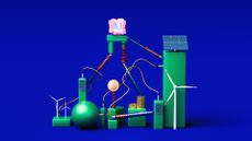 An illustration of a pyramid with AI at the top and various energy sources like turbines and solar panels below.