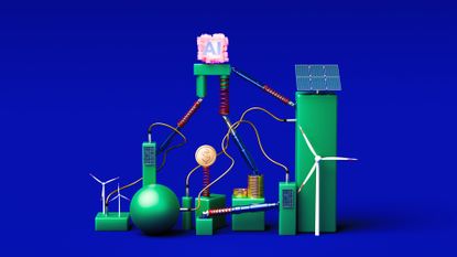 An illustration of a pyramid with AI at the top and various energy sources like turbines and solar panels below.