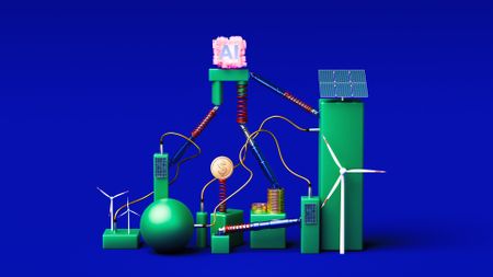 An illustration of a pyramid with AI at the top and various energy sources like turbines and solar panels below.