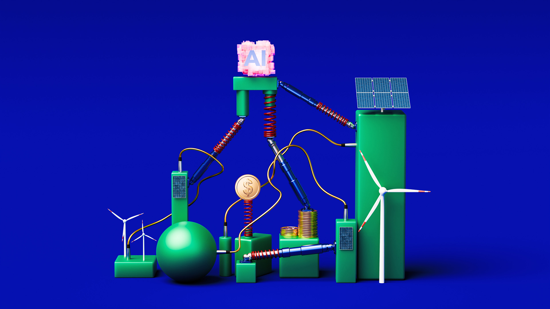 An illustration of a pyramid with AI at the top and various energy sources like turbines and solar panels below.