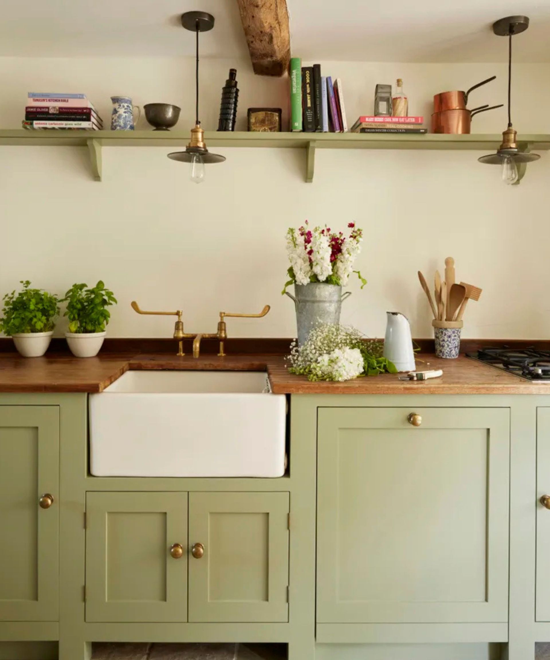 Green Cabinetry with Wood