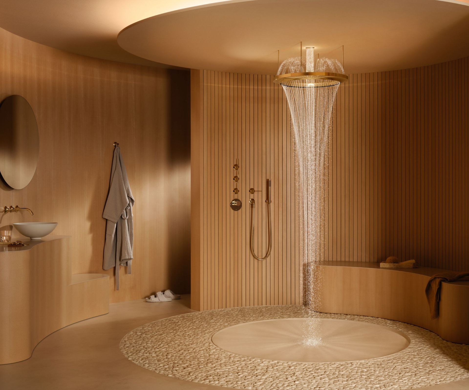 A wood bathroom with a waterfall shower head and round walls