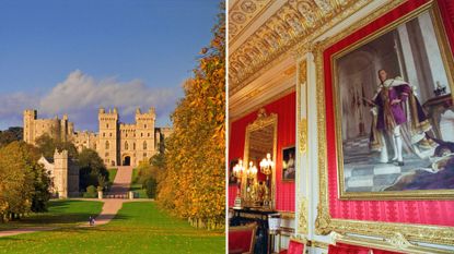 L-R: Windsor Castle exterior, and a painting inside Windsor Castle