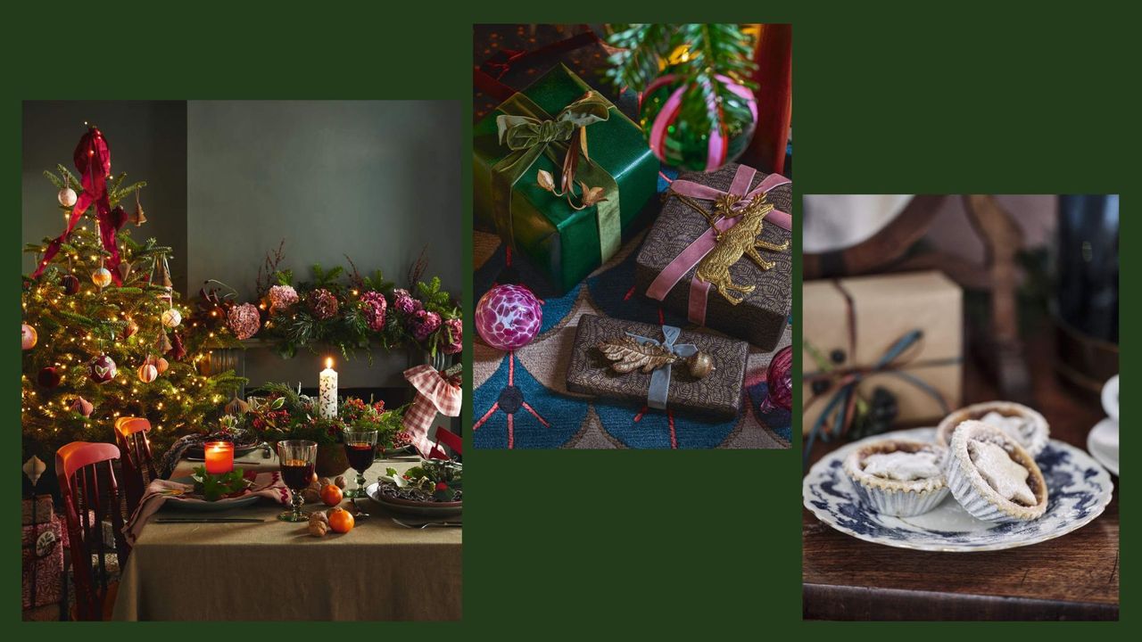 A composite of three photos showing a Christmas tree, gifts and mince pies