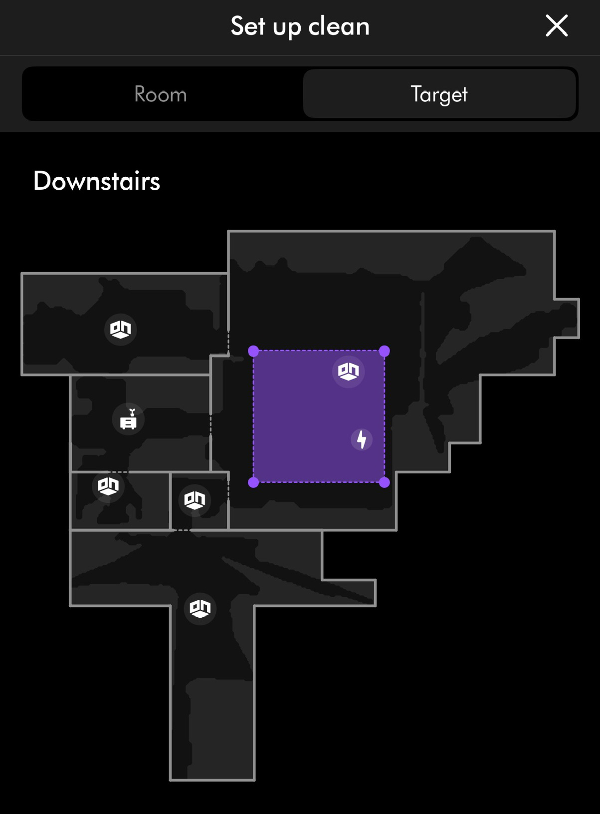 MyDyson app set up clean screen showing a purple target cleaning zone selected on the map