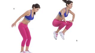 Woman performing a broad jump front squat position into a forward jump position on white background