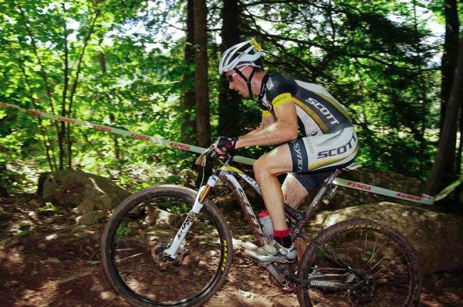 Derek Zanstra (Scott 3Rox Racing) on a steep climb during lap two
