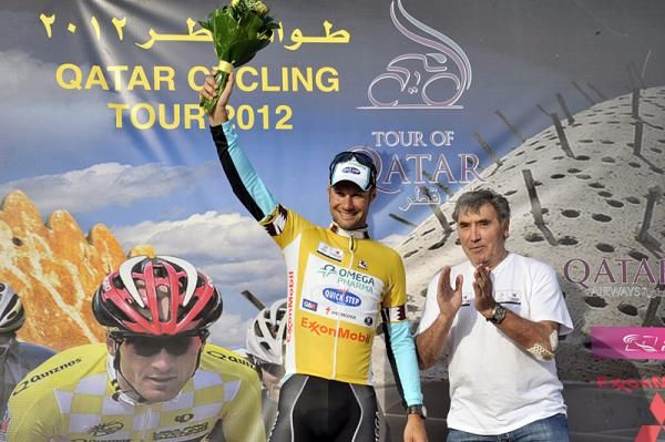 Tour of Qatar leader Tom Boonen with Eddy Merckx on the podium.