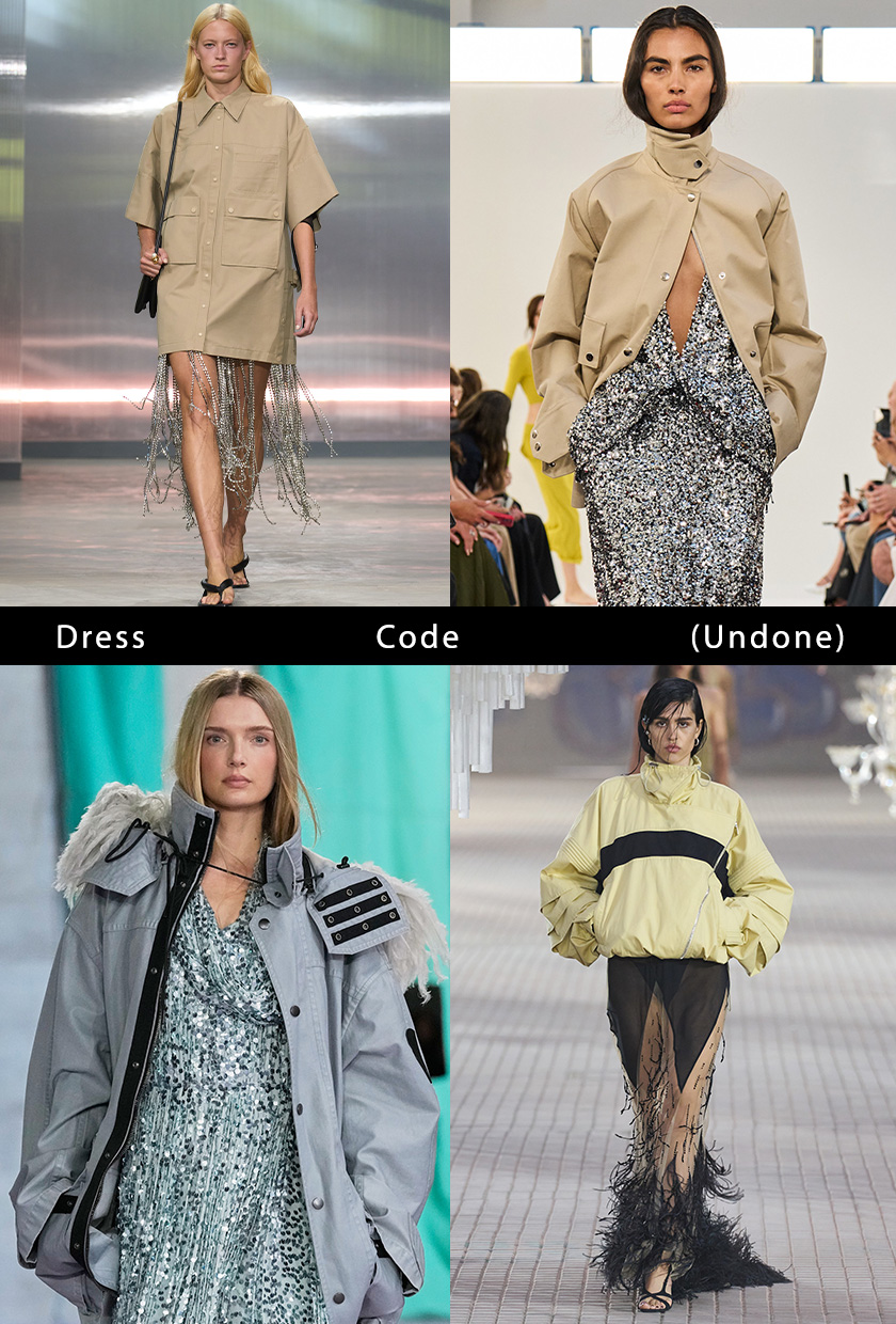 party trends of 2025 shown in a collage of models wearing the trend casual eveningwear in the spring 2025 runway collections of 3.1 Phillip Lim, Brandon Maxwell, The Attico, and Burberry