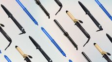 A selection of the best curlers for short hair featured in this guide, including tools from ghd, Hershesons, Cloud Nine and TRESemme, arranged in a diagonal line pattern on a pink, yellow and blue gradient template